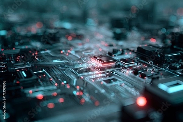Fototapeta Electronic circuit board black chips glowing red dots and narrow silver pathways Shallow depth of field