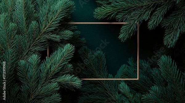 Fototapeta Evergreen branches frame a dark textured rectangle bordered by a thin gold outline