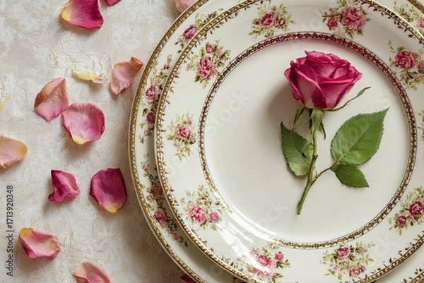 Fototapeta Floral plates stacked graced with a pink rose amidst scattered petals on a textured surface