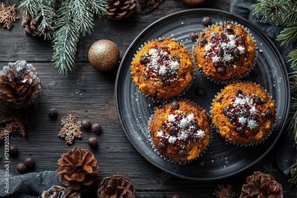 Fototapeta Four muffins on a plate topped with white and colored sprinkles surrounded by pinecones and decorations
