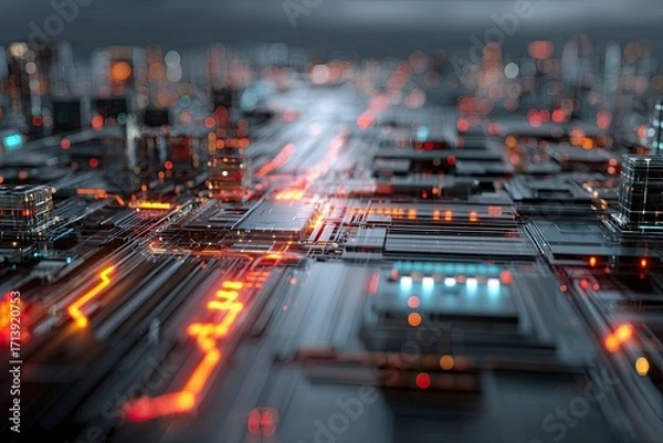 Fototapeta Futuristic cityscape circuit board design with glowing lines  geometric shapes