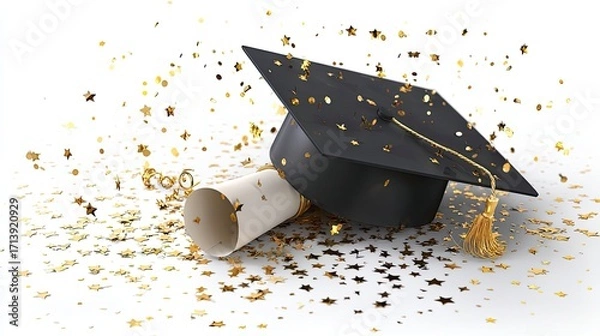 Fototapeta Graduation cap  diploma lay on a surface covered in gold stars and confetti against a white background