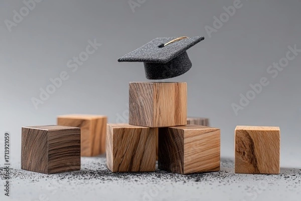 Fototapeta Gray mortarboard hovering atop stacked wooden blocks on a gray surface with scattered specks