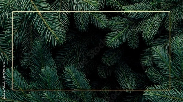 Fototapeta Green pine branches densely fill frame defined by a thin gold rectangle