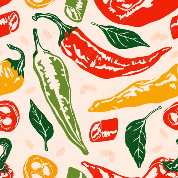 Fototapeta Hot pepper pattern. Seamless print of colorful spicy capsaicin, abstract vintage whole and half chili cayenne jalapeno habanero peppers, organic vegetable farm food. Vector texture