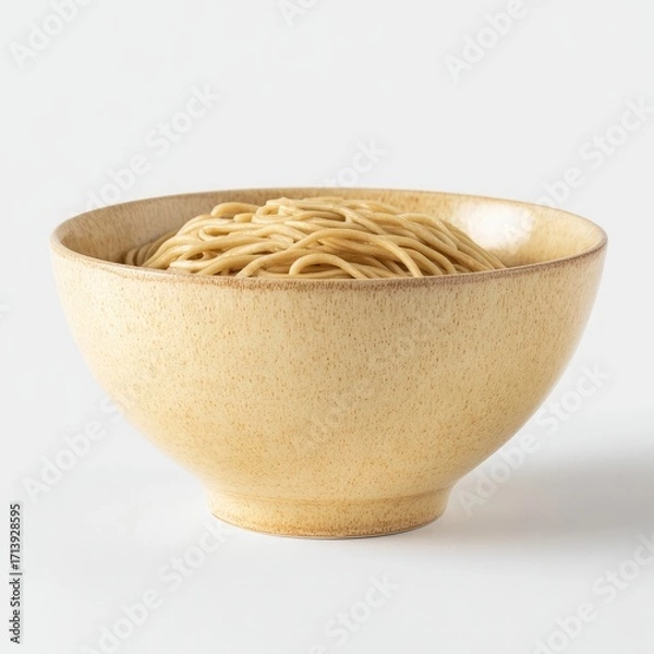 Fototapeta A wide, pale-yellow ceramic bowl holds a generous portion of light brown noodles against a stark white background