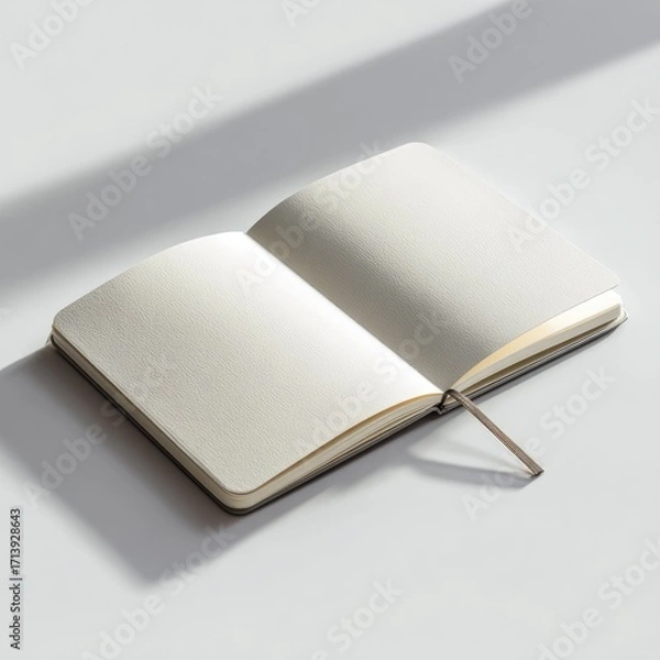 Fototapeta Open blank notebook with creamy pages, gray cover, subtle shadowing on a light gray surface; ribbon bookmark visible