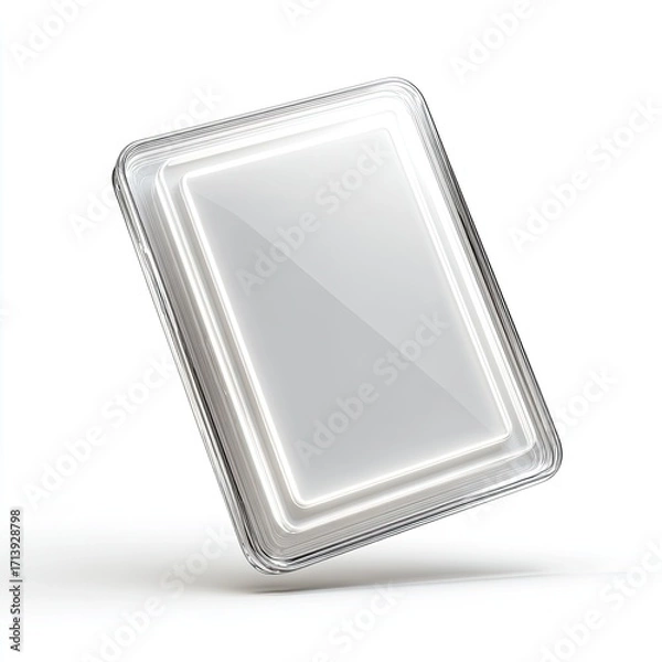 Fototapeta A translucent, rectangular slab with a softly glowing inner frame, angled slightly, floats against a white background
