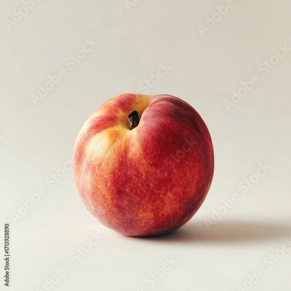 Fototapeta A single ripe peach, blush-toned skin with subtle red hues, sits on a minimalist off-white background, casting a soft shadow
