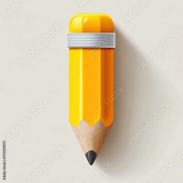 Fototapeta A digitally rendered, bright yellow pencil with a grey eraser and sharpened point, casting a subtle shadow on a light background