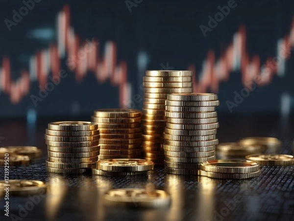 Fototapeta Stacks of Gold Coins with Blurred Stock Chart Background, Financial Investment Concept.