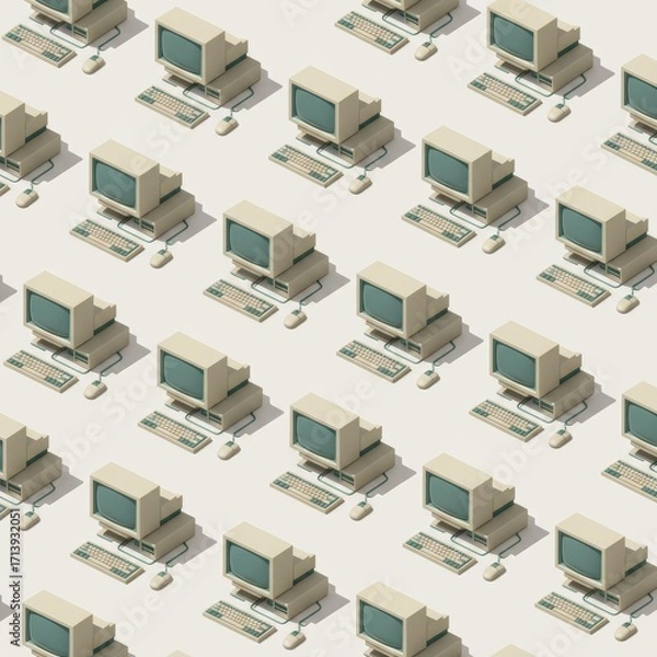 Fototapeta A repeating pattern of vintage beige computers and keyboards