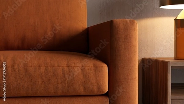 Obraz Close up of a comfortable burnt orange armchair with a warm lamp glow