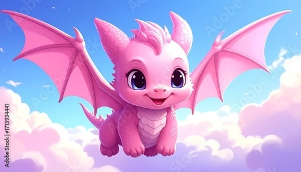 Fototapeta Cute pink dragon soaring through soft clouds