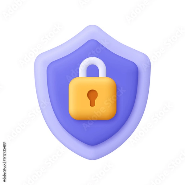Fototapeta Purple shield with a yellow padlock. Security, protection, data privacy, cybersecurity, encryption and internet safety concept. 3d vector icon. Cartoon minimal style.
