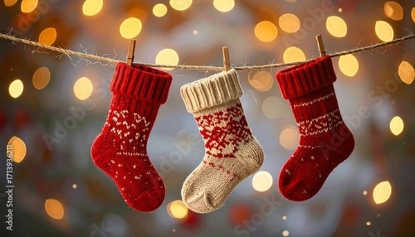 Fototapeta Christmas stockings hanging on a string, soft focus