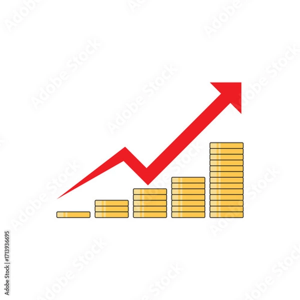 Fototapeta Stacks of coins with an upward trending arrow