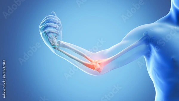 Fototapeta X-ray image of a blue human elbow with painful spots highlighted in red.