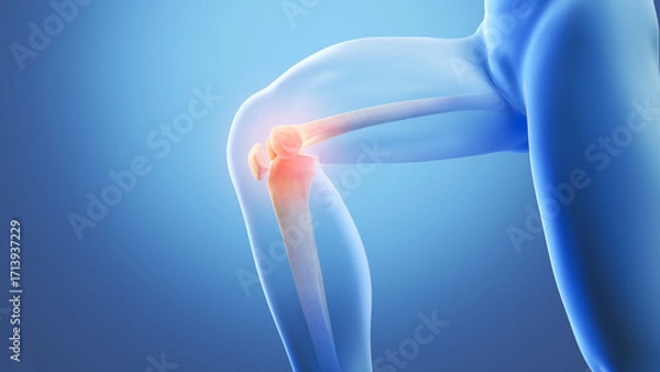 Fototapeta X-ray image of a blue human knee with painful spots highlighted in red, 3d illustration.