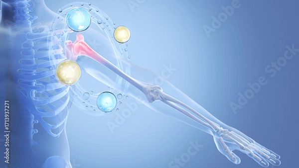 Fototapeta Blue X-ray of human shoulder with painful spot highlighted in red and vitamin bubbles rotating around the arm for recovery. 3D illustration.