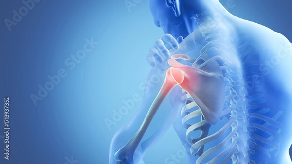 Fototapeta X-ray of a blue human shoulder with a painful spot highlighted in red, 3d illustration.