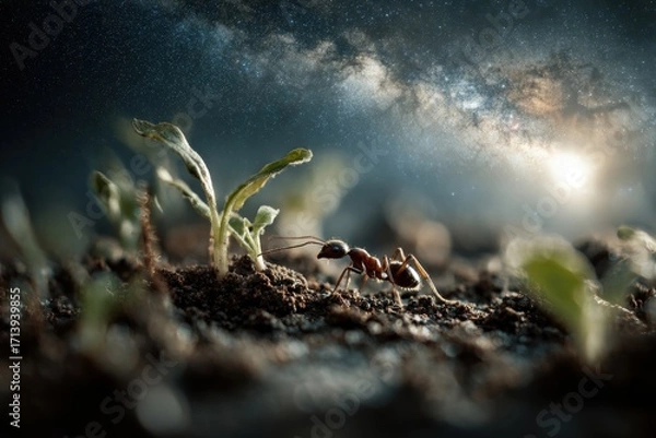 Fototapeta Tiny Ant, Majestic Dawn, Emerging Life - Macro View of Natures Struggle.