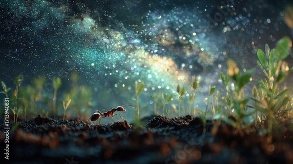 Fototapeta Tiny Red Creature Amidst Green Sprouts Under a Shimmering Cosmic Sky.