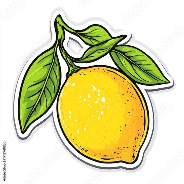 Fototapeta Zesty Lemon Delight: A bright, cheerful illustration of a ripe lemon with vibrant green leaves and a touch of artistic flair.