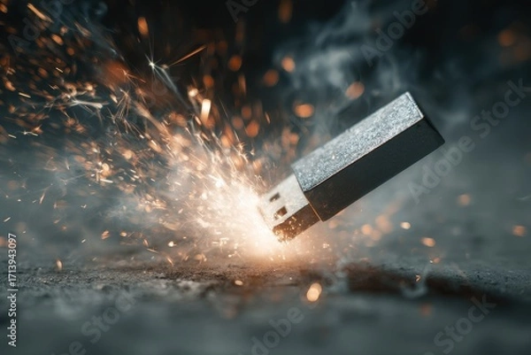 Fototapeta USB Flash Drive Ignites with Fiery Sparks, Symbolizing Data Overload and Digital Intensity.