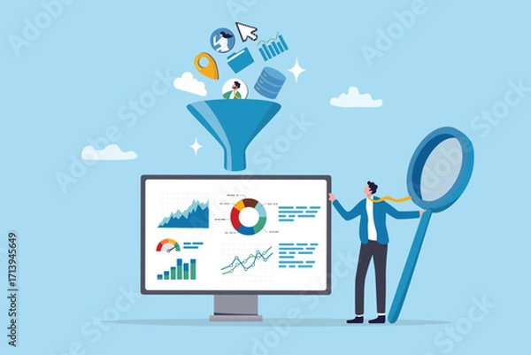 Fototapeta Data quality to process to insight, research or market analysis, verification or validation process on survey data information, businessman validate data to process graph chart diagram on computer.