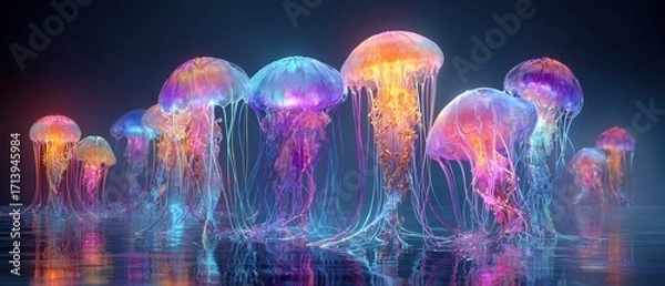 Fototapeta Vibrant Luminous Jellyfish Swarm with Ethereal Neon Glow.
