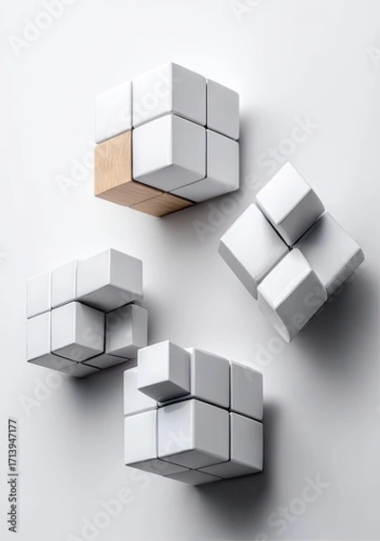 Fototapeta Abstract geometric shapes, interlocking white cubes, one tan cube