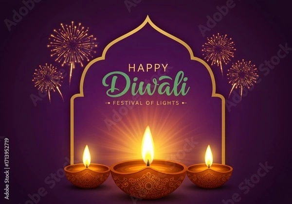 Obraz Vibrant diwali celebration with illuminated diyas and festive fireworks display