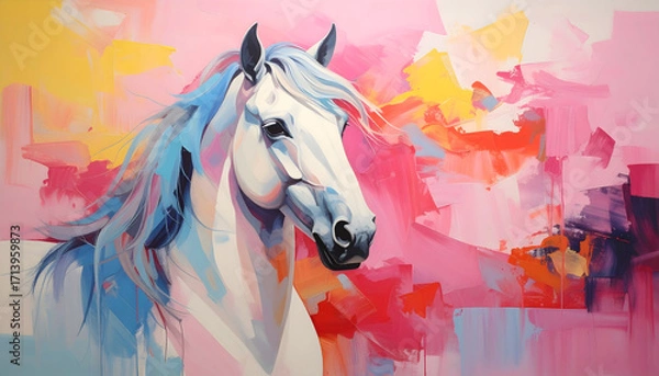 Fototapeta White horse portrait with flowing mane in colorful abstract background, vibrant and dynamic painting full of energy