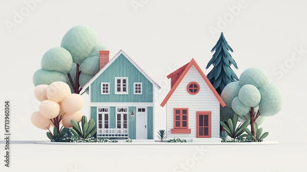 Obraz クレイで作ったかわいい北欧風戸建て住宅のマイホーム家建物不動産モデル