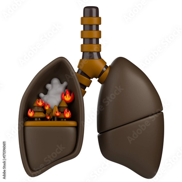 Fototapeta 3D illustration showing a miniature forest with trees and wildfire inside a human lung, symbolizes the direct link between devastating impact of environmental pollution on human health.