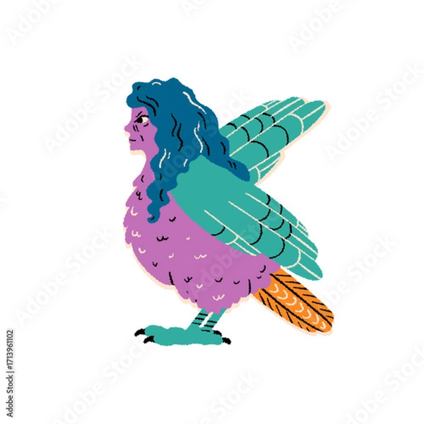 Fototapeta Mythological creature, ancient Greece, folklore. Fantasy monster. Harpy. Cartoon vector illustration.