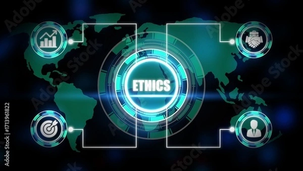 Fototapeta Digital ethics concept with world map and technology icons
