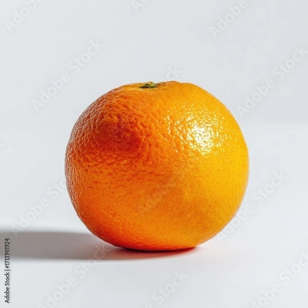 Fototapeta A single, ripe orange sits on a plain white background, casting a subtle shadow. Its peel shows slight texture and a vibrant, glossy hue