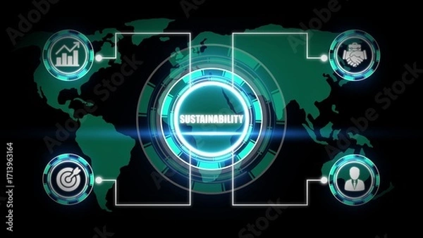 Fototapeta Digital world map with sustainability icons and central hub