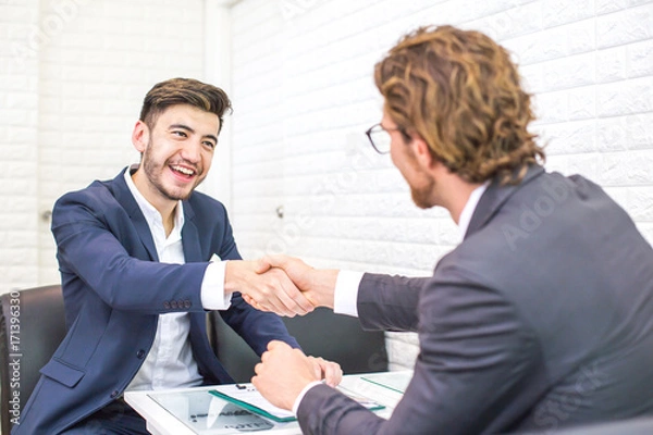 Fototapeta Man with agreement for working. Businessman handshake with Woman with Project. People with Agreement concept.