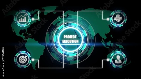 Fototapeta Global project execution concept with icons and world map 1
