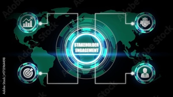 Fototapeta Global stakeholder engagement concept with icons and world map 1
