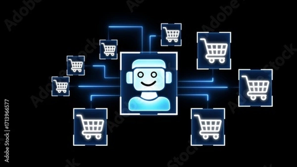 Fototapeta Robot head connected to shopping carts digital network 1