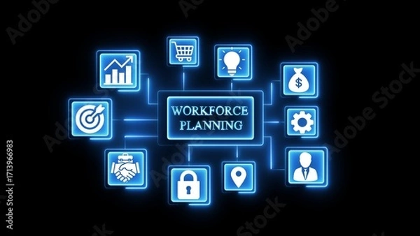 Fototapeta Workforce planning flowchart with glowing blue icons 1
