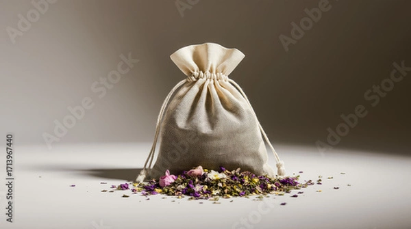 Fototapeta Herbal linen pouch with dried flowers and aromatic botanicals on neutral background. Ideal for aromatherapy, eco packaging, wellness, and natural product visuals. AI generated.
