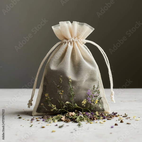 Fototapeta Herbal linen pouch with dried flowers and aromatic botanicals on neutral background. Ideal for aromatherapy, eco packaging, wellness, and natural product visuals. AI generated.

