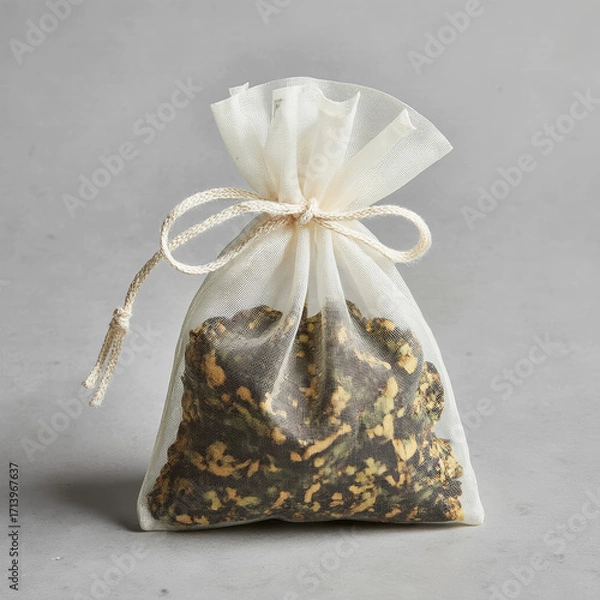 Fototapeta Herbal linen pouch with dried flowers and aromatic botanicals on neutral background. Ideal for aromatherapy, eco packaging, wellness, and natural product visuals. AI generated.
