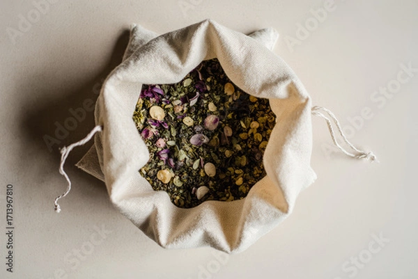 Fototapeta Herbal linen pouch with dried flowers and aromatic botanicals on neutral background. Ideal for aromatherapy, eco packaging, wellness, and natural product visuals. AI generated.
