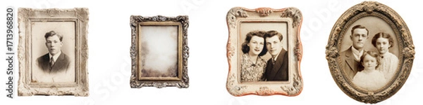 Fototapeta Vintage portrait frames displaying black and white family photos on transparent background